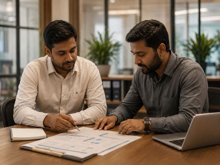 Two colleagues reviewing a document together at a desk