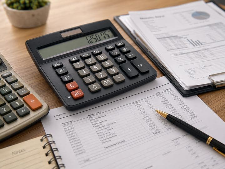 A calculator and printed financial statements on a desk