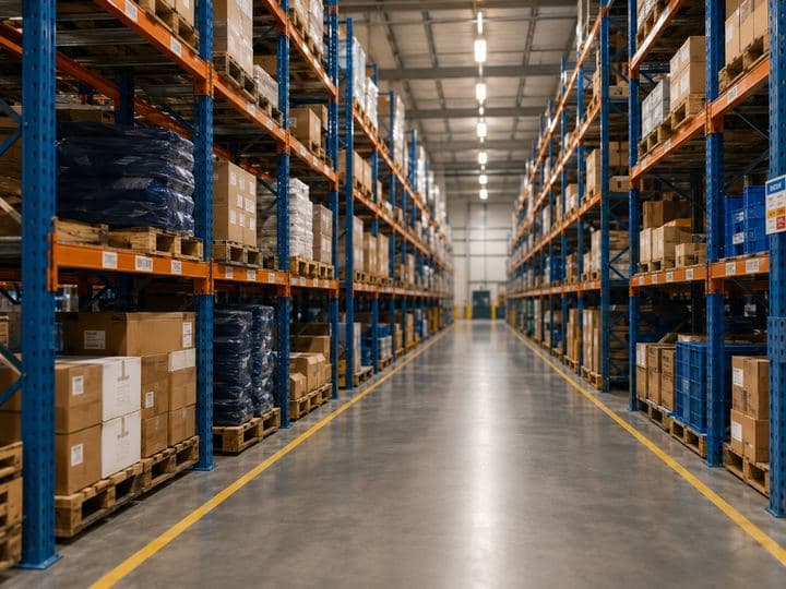 Warehouse shelving stacked with boxed inventory