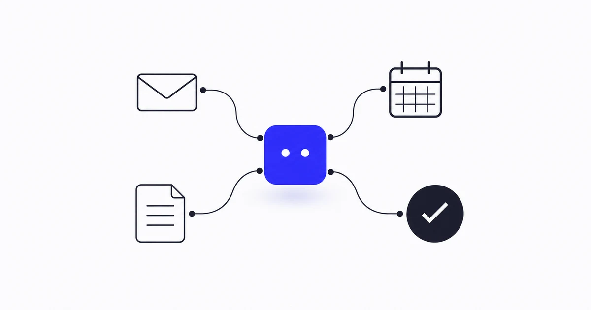 A simple assistant shape connected to an inbox, calendar and document, with a human approval tick.